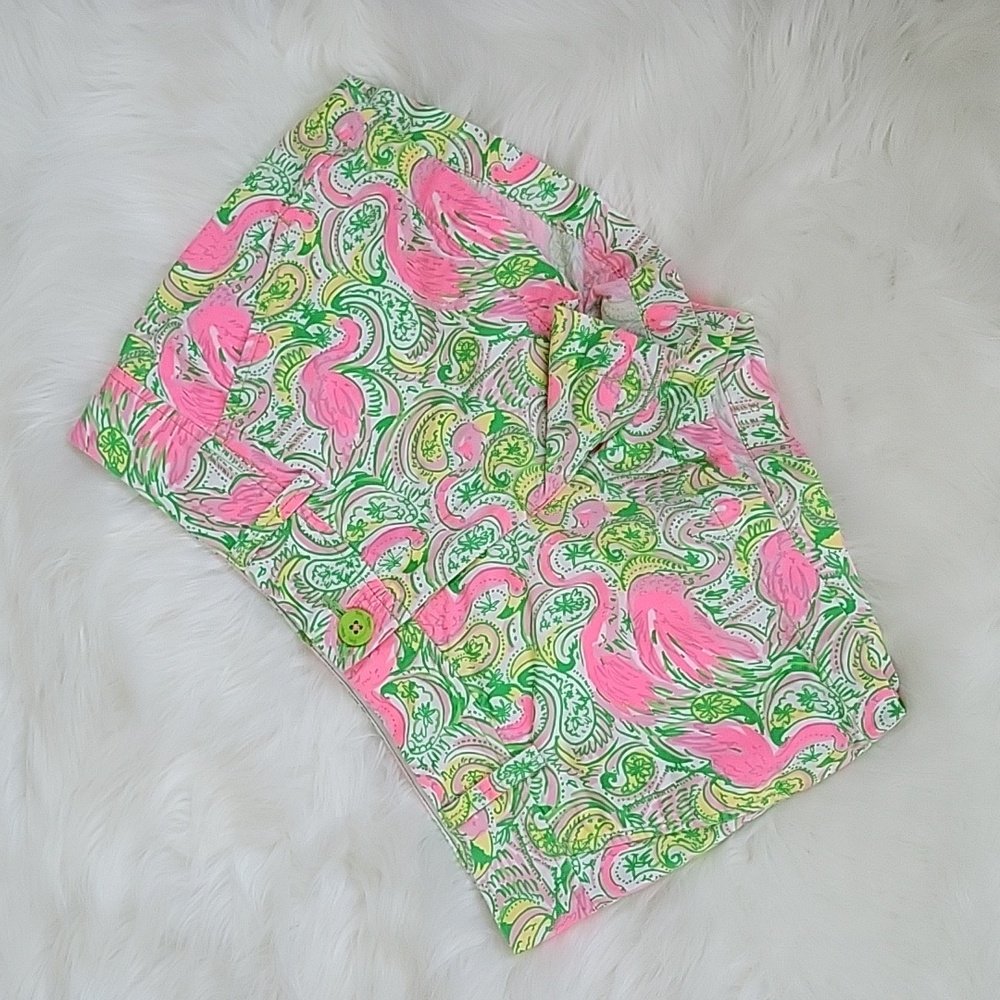 Lilly Pulitzer The Walsh Short Hot Wings 2 Flamingo Pink Green EUC